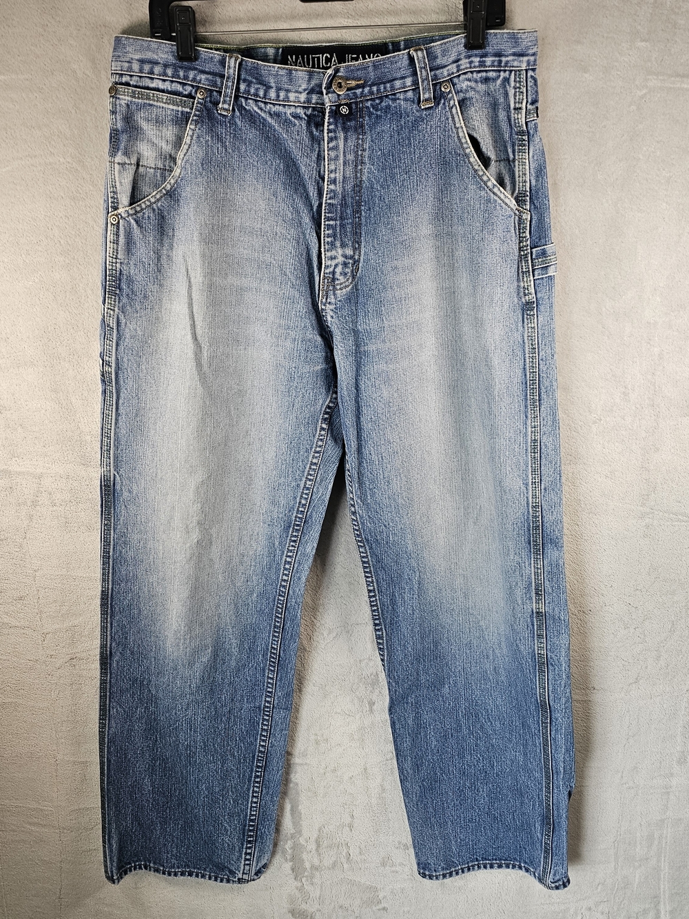 Nautica Sz. W34 L32 Men's Denim Carpenter Jeans Light-Wash Faded Cargo Pockets